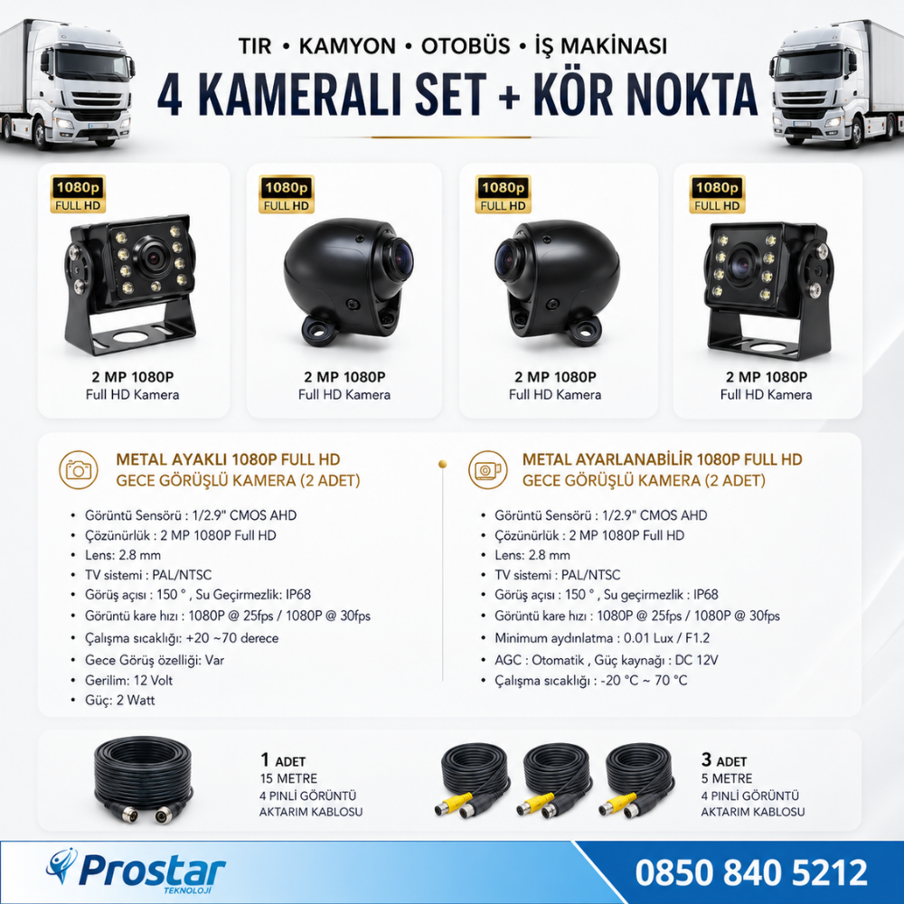Tır ve Kamyon 10.36" Dokunmatik 4 kameralı 256 GB Destekli Kör Nokta Uyarı Sistemli Kamera Seti