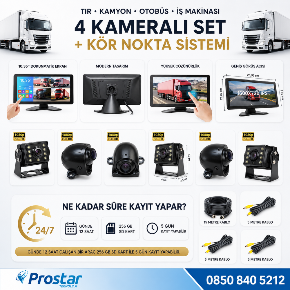 Tır ve Kamyon 10.36" Dokunmatik 4 kameralı 256 GB Destekli Kör Nokta Uyarı Sistemli Kamera Seti