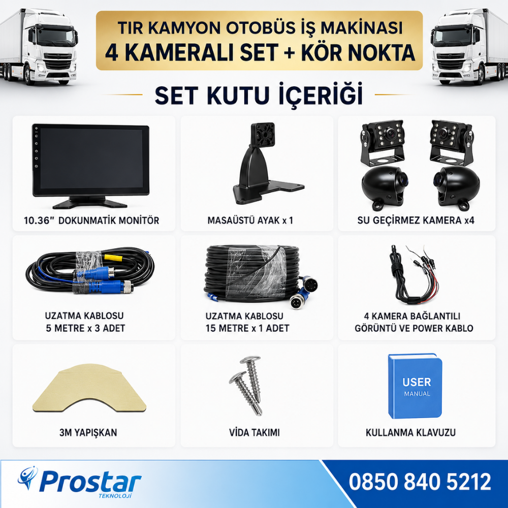 Tır ve Kamyon 10.36" Dokunmatik 4 kameralı 256 GB Destekli Kör Nokta Uyarı Sistemli Kamera Seti