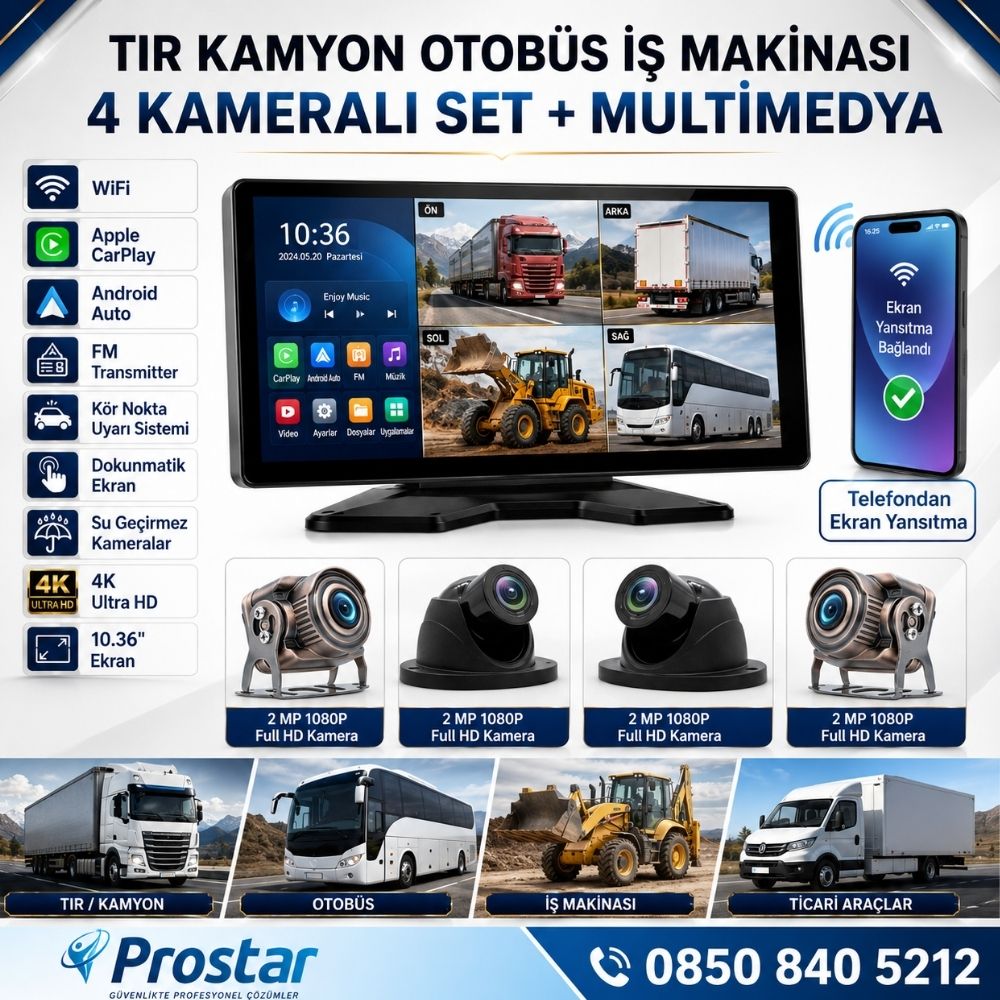 Tır Ve Kamyon 10.36" Dokunmatik Ekranlı 4 Kameralı Kayıtlı Video Müzik Telefon Ekran Yansıtma Özellikli Tak Kullan Kamera Seti