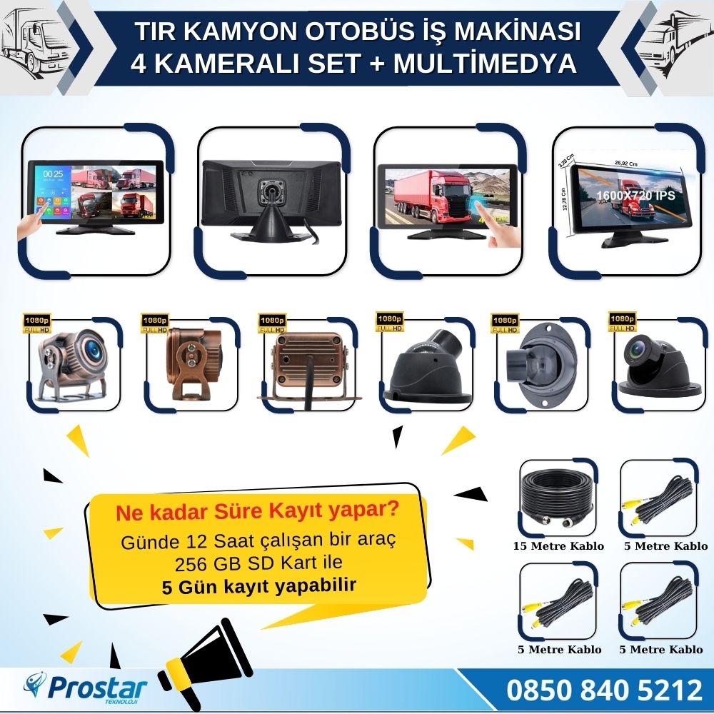 Tır Ve Kamyon 10.36" Dokunmatik Ekranlı 4 Kameralı Kayıtlı Video Müzik Telefon Ekran Yansıtma Özellikli Tak Kullan Kamera Seti