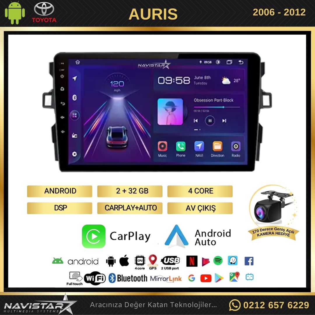 Toyota Auris 2006-2012 Model 2+64GB Android 13 Kablosuz Carplay Navigasyon Multimedya Sistemi