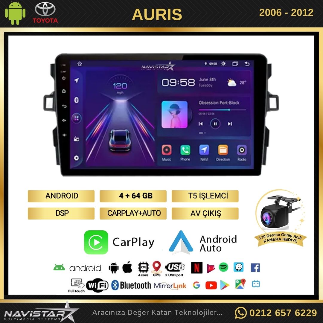 Toyota Auris 2006-2012 Model 4GB + 64GB Android 13 Kablosuz Carplay Navigasyon Multimedya Sistemi