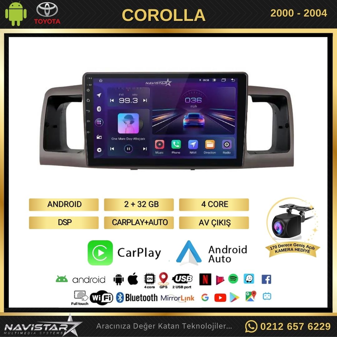 Toyota Corolla 2000-2004 Model 2+64GB Android 13 Kablosuz Carplay Navigasyon Multimedya Sistemi