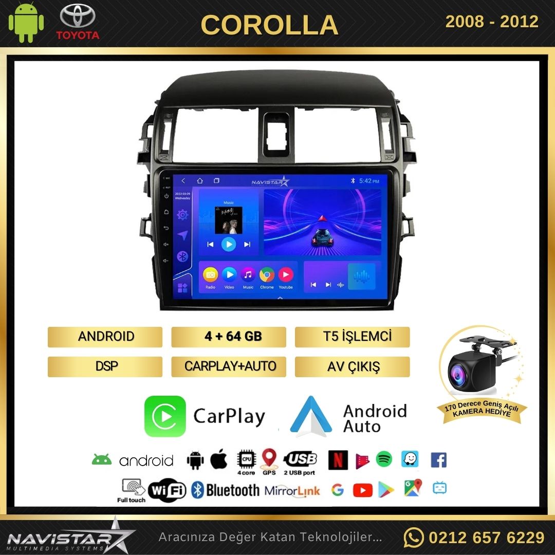 Toyota Corolla 2008-2012 Model 4GB + 64GB Android 13 Kablosuz Carplay Navigasyon Multimedya Sistemi