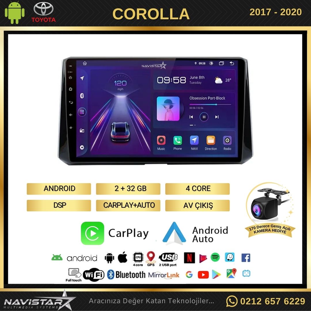 Toyota Corolla 2017-2020 Model 2+64GB Android 13 Kablosuz Carplay Navigasyon Multimedya Sistemi