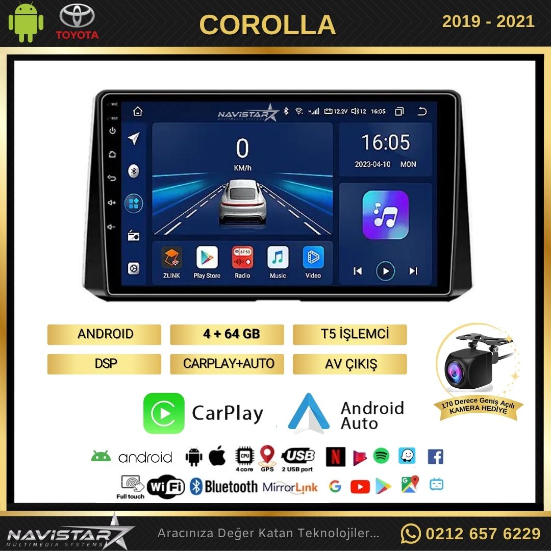 Toyota Corolla 2019-2021 Model 4GB + 64GB Android 13 Kablosuz Carplay Navigasyon Multimedya Sistemi