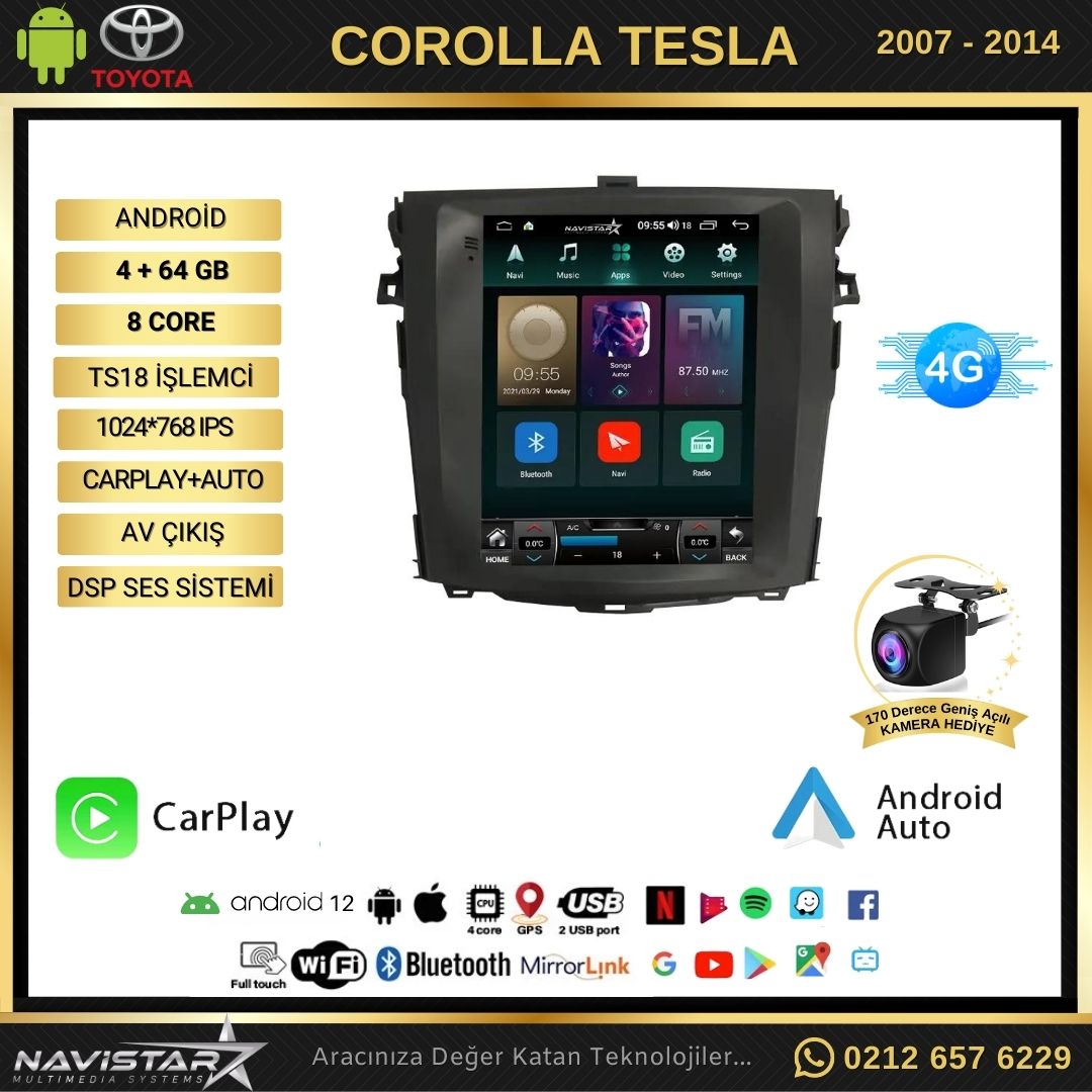 Toyota Corolla Tesla 4GB + 64GB 2007-2014 Model Kablosuz Carplay Navigasyon Qled Multimedya Sistemi