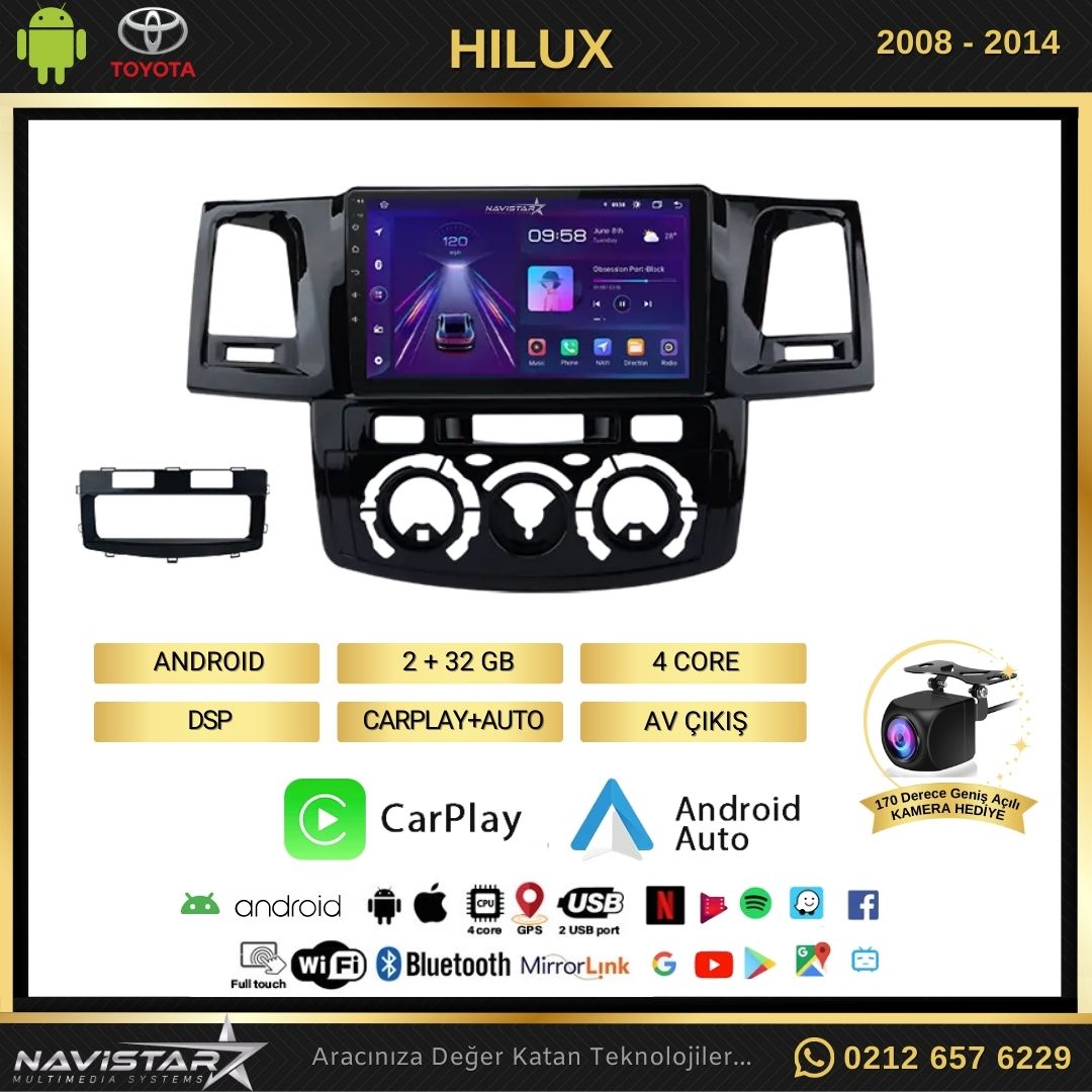 Toyota Hilux 2008-2014 Model 2+64GB Android 13 Kablosuz Carplay Navigasyon Multimedya Sistemi