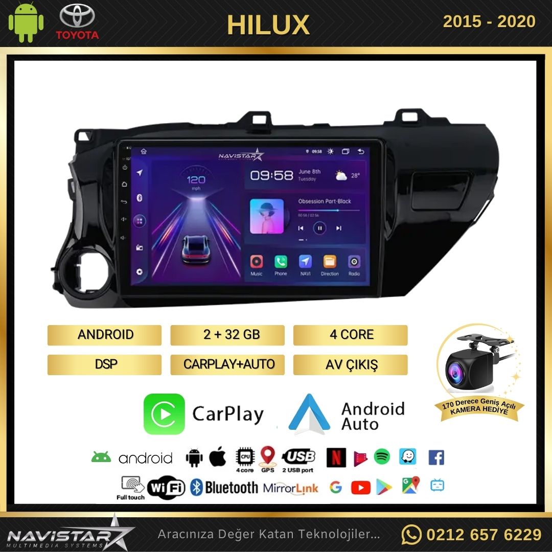 Toyota Hilux 2015-2020 Model 2+64GB Android 13 Kablosuz Carplay Navigasyon Multimedya Sistemi
