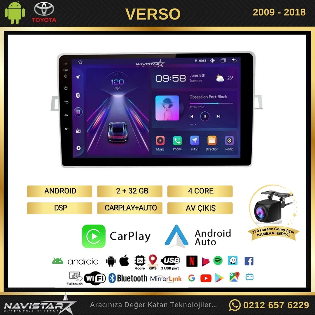 Toyota Verso 2009-2018 Model 2+64GB Android 13 Kablosuz Carplay Navigasyon Multimedya Sistemi