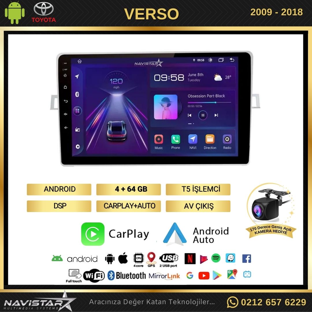 Toyota Verso 2009-2018 Model 4GB + 64GB Android 13 Kablosuz Carplay Navigasyon Multimedya Sistemi