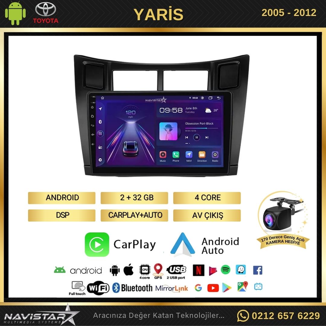 Toyota Yaris 2005-2012 Model 2+64GB Android 13 Kablosuz Carplay Navigasyon Multimedya Sistemi