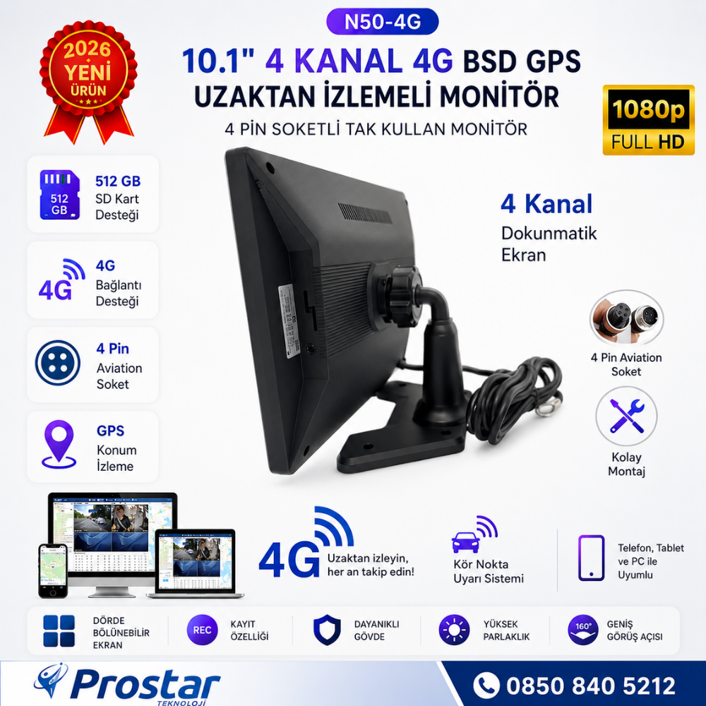 Uzaktan izlemeli 10.1 inç Dokunmatik 4 Kanal 4G GPS BSD Kör Nokta Uyarı Sistemli Monitör