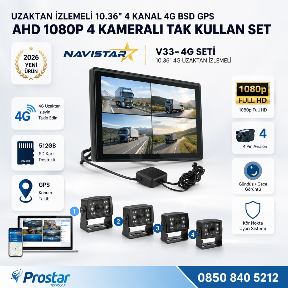 Uzaktan izlemeli 10.36 inç 4 Kanal 4G GPS BSD Kör Nokta Uyarı Sistemli Profesyonel Araç Kamera Seti