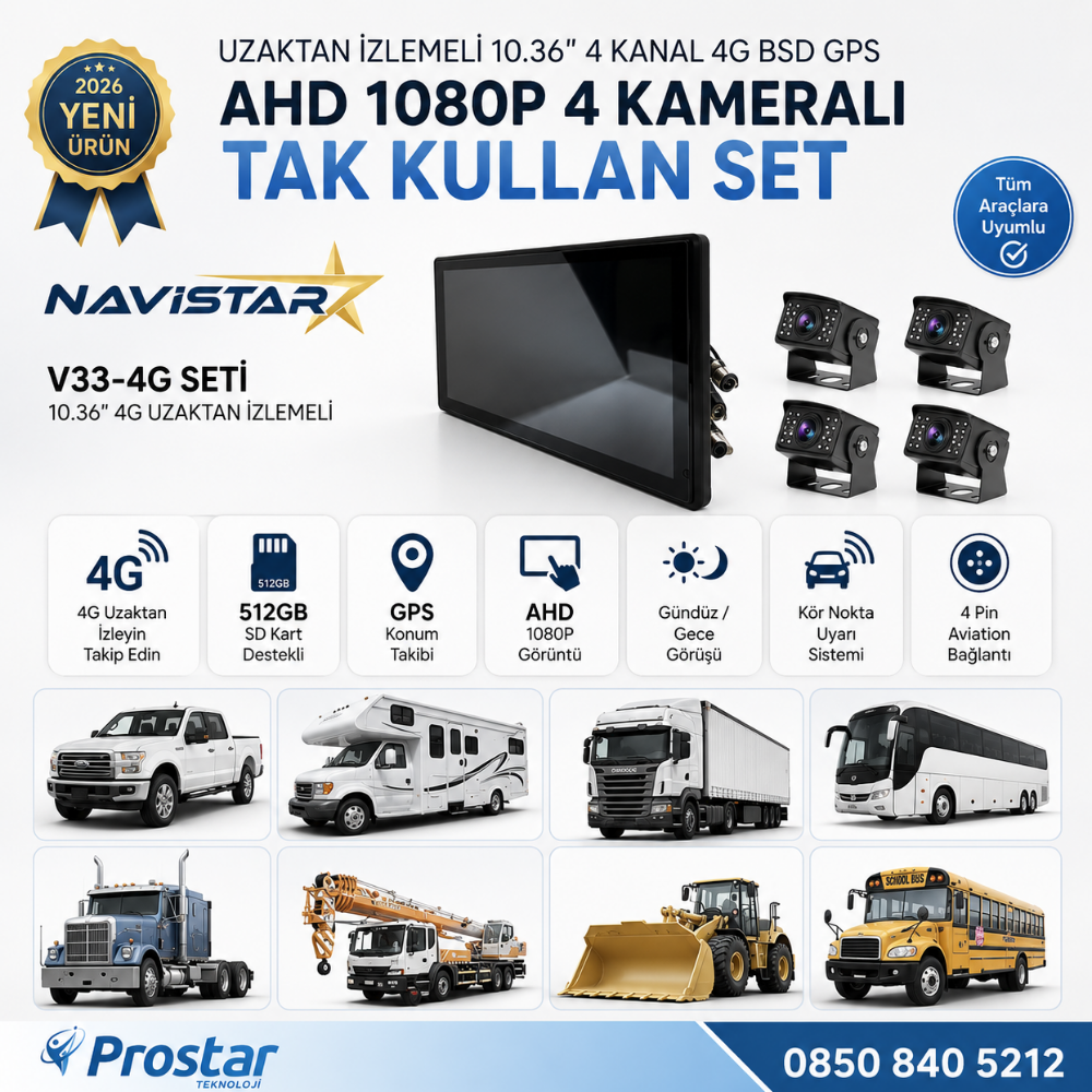 Uzaktan izlemeli 10.36 inç 4 Kanal 4G GPS BSD Kör Nokta Uyarı Sistemli Profesyonel Araç Kamera Seti