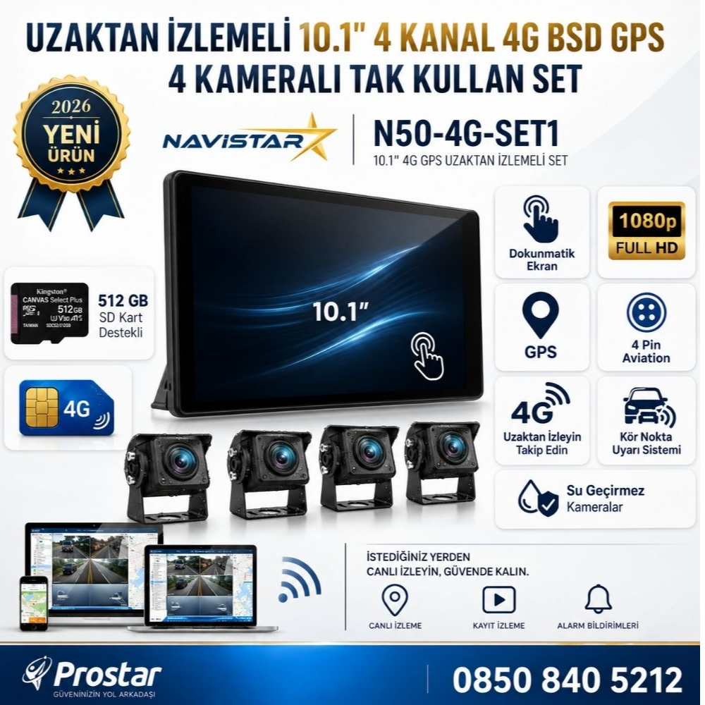 Uzaktan izlemeli 10 inç 4 Kanal 4G GPS BSD Kör Nokta Uyarı Sistemli Profesyonel Araç Kamera Seti