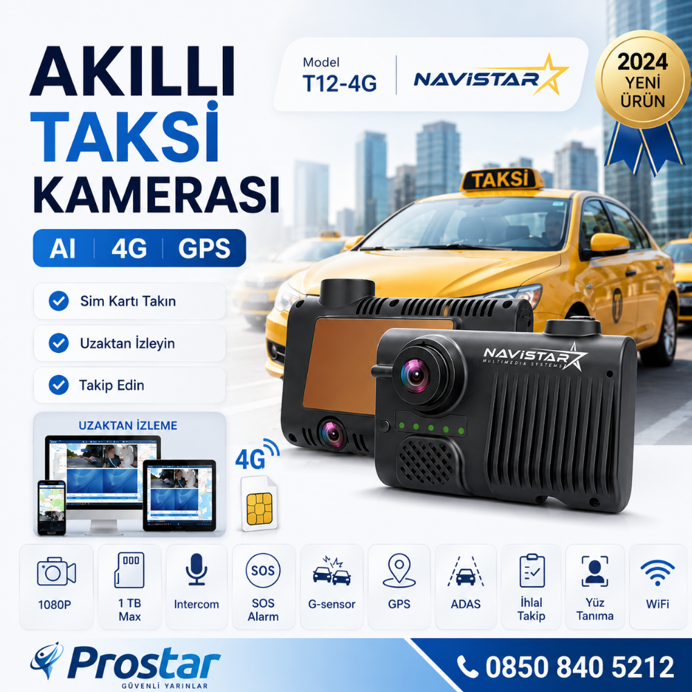 Uzaktan izlemeli 2 Kameralı Wifi GPS 4G Yapay Zeka destekli Akıllı Dashcam Taksi Kamera Sistemi
