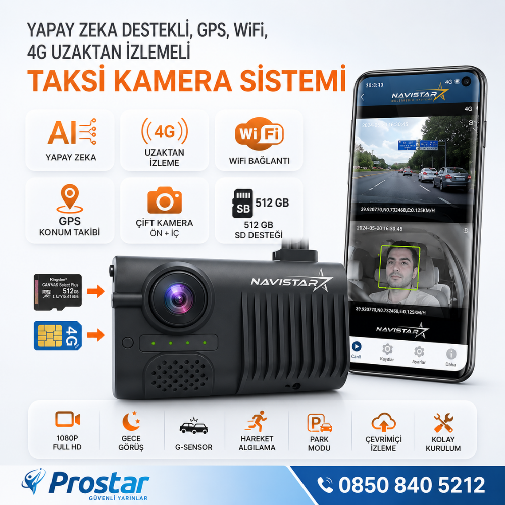 Uzaktan izlemeli 2 Kameralı Wifi GPS 4G Yapay Zeka destekli Akıllı Dashcam Taksi Kamera Sistemi