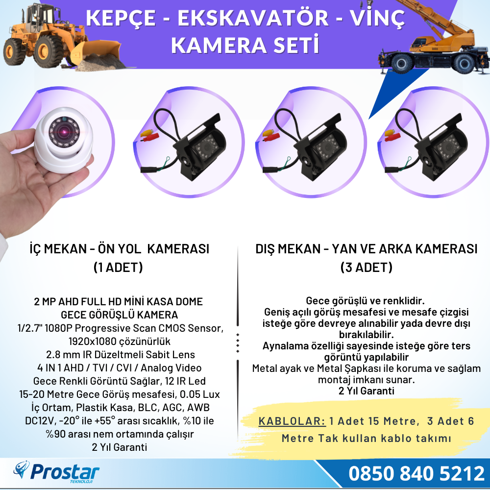 Uzaktan İzlemeli 4 Kameralı Ekskavatör Dozer Greyder Vinç Kepçe 1 Tb Harddisk Kamera Seti