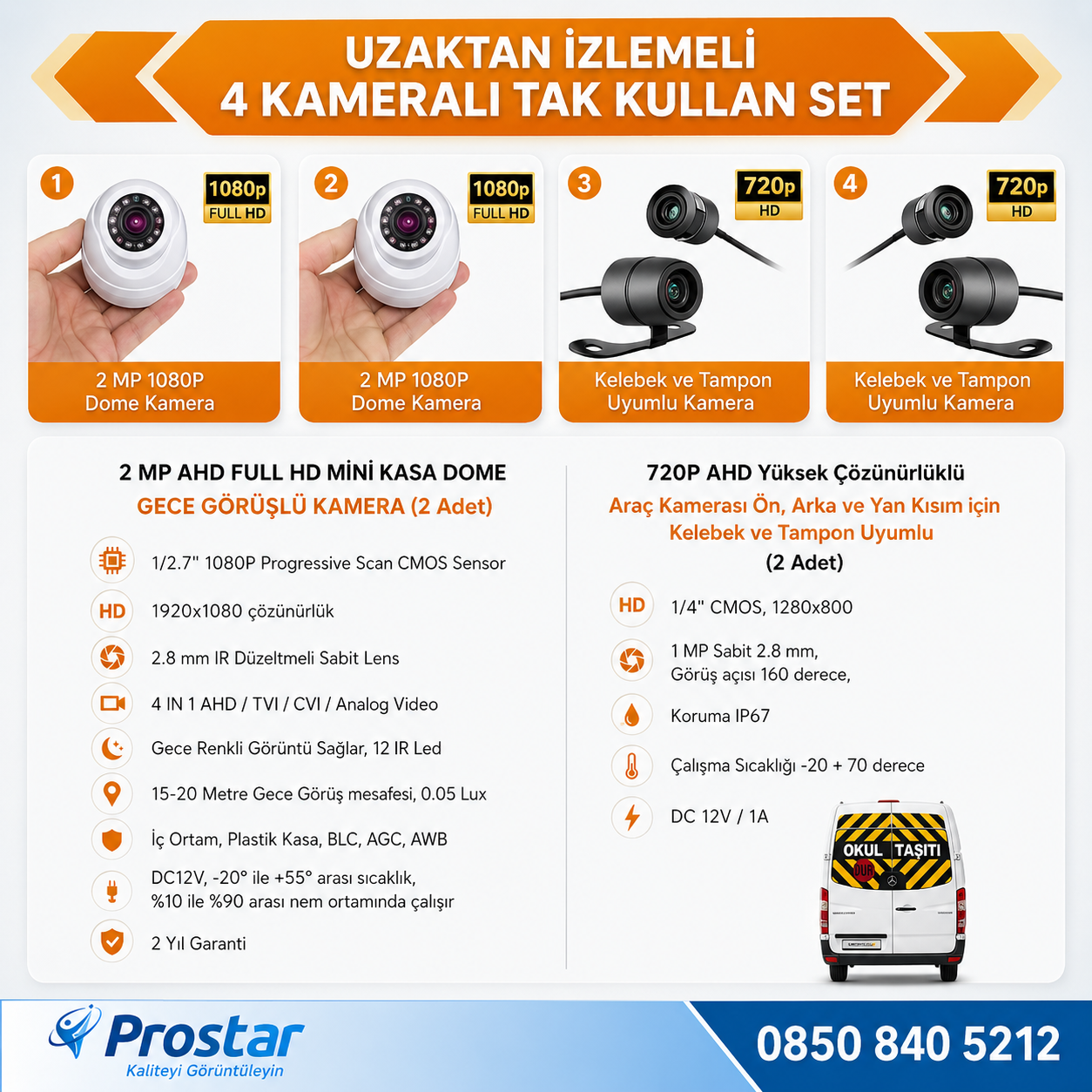 Uzaktan izlemeli 4 Kameralı Wifi 1 Tb Harddisk 7 Inç Ekranlı Araç Kamera Seti