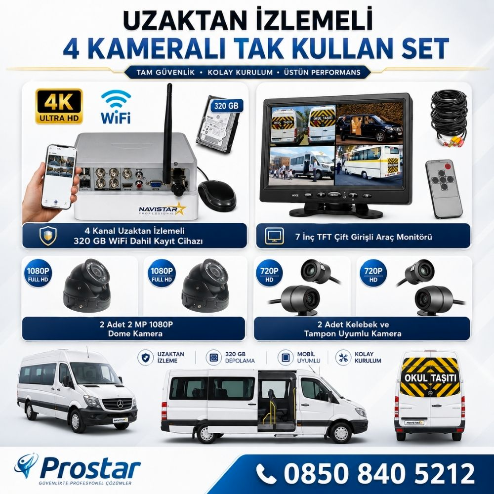 Uzaktan Izlemeli 4 Kameralı Wifi 320 Gb Harddisk 7 Inç Ekranlı Araç Kamera Seti