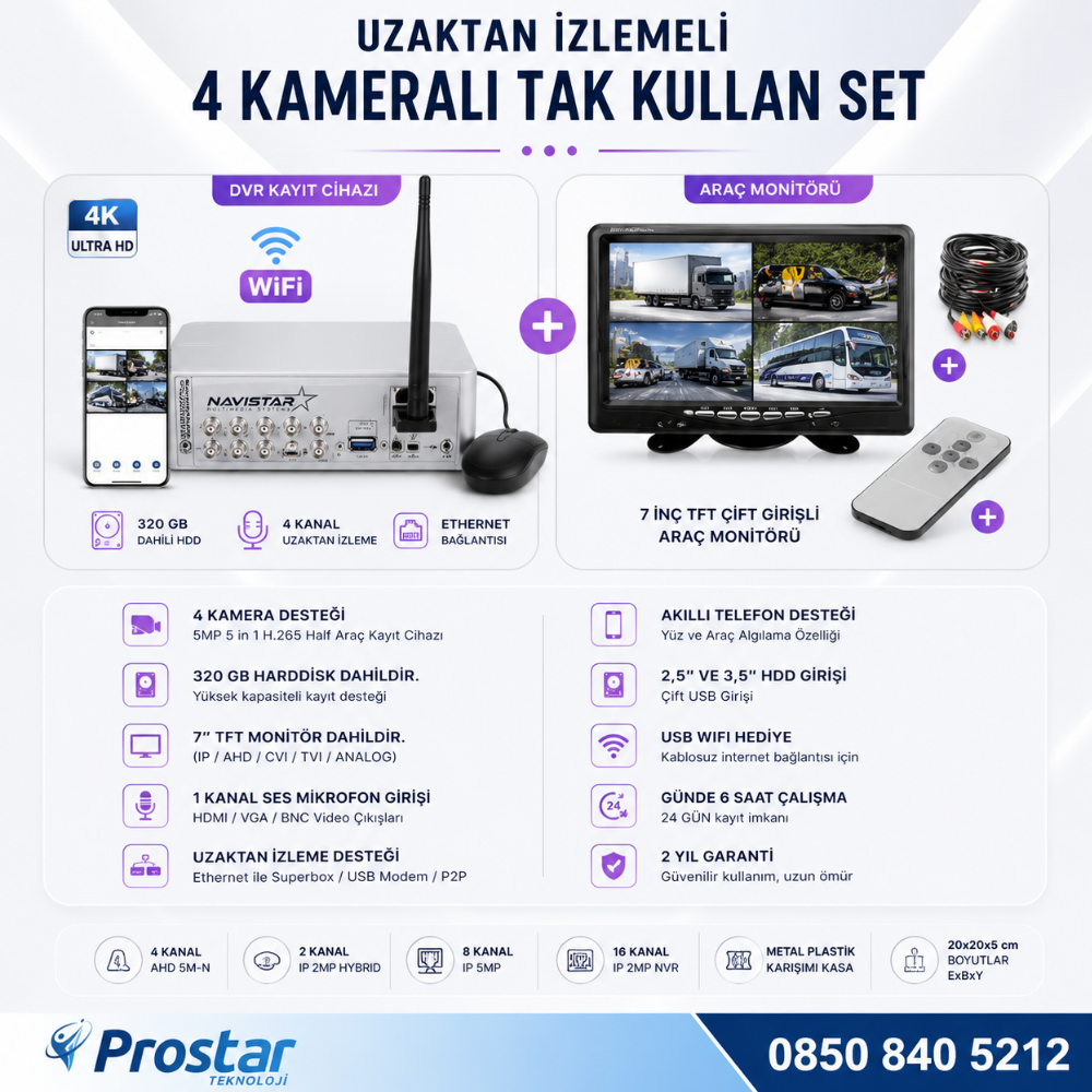 Uzaktan Izlemeli 4 Kameralı Wifi 320 Gb Harddisk 7 Inç Ekranlı Araç Kamera Seti