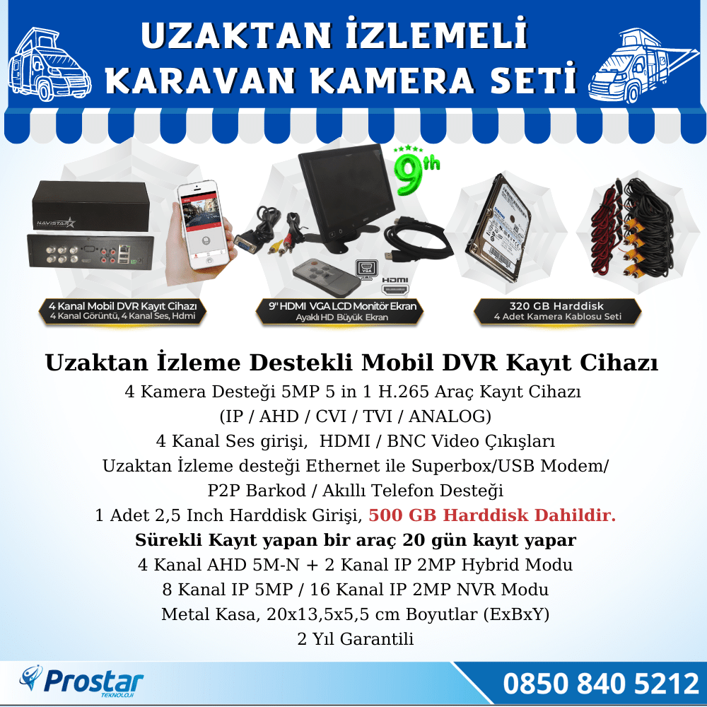 Uzaktan İzlemeli Karavan Kamera Seti 4 Kameralı 500 Gb Harddisk Dahil Kayıtlı 9 Inç Hdmi Ekranlı