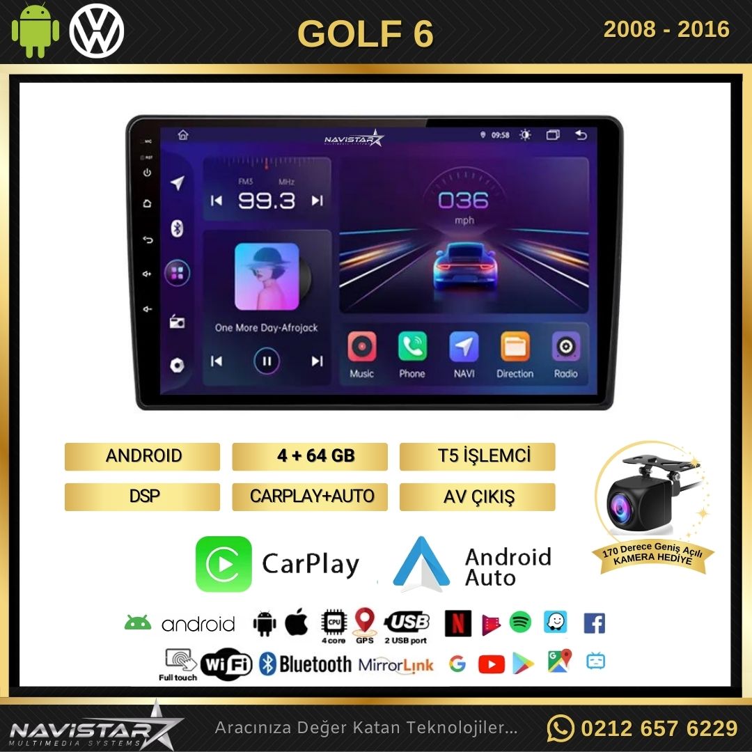 Volkswagen Golf 6 4GB + 64GB Android 13 Kablosuz Carplay 2008-2016 Navigasyon Multimedya Sistemi