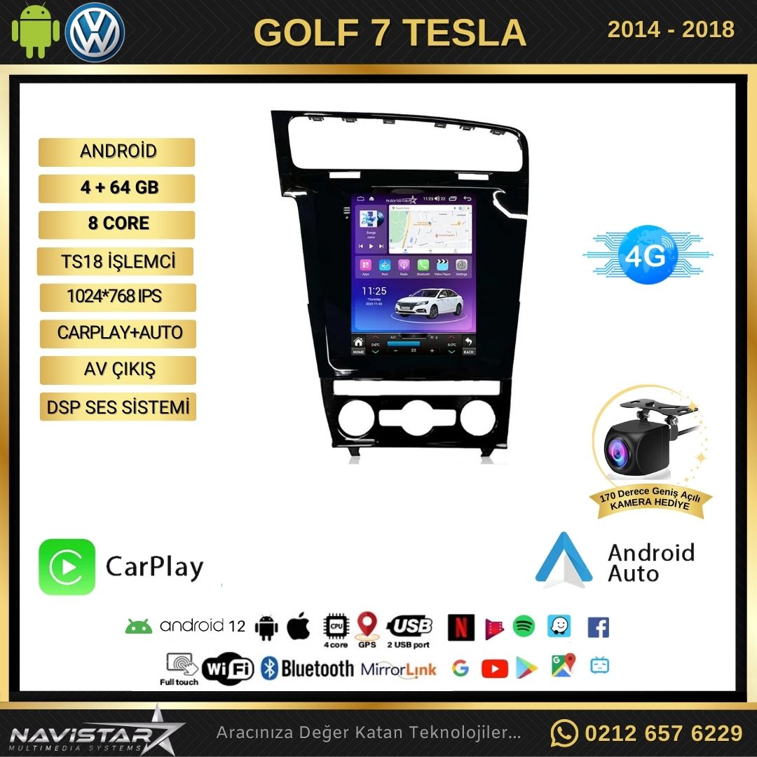 Volkswagen Golf 7 Tesla 4GB + 64GB 2014-2018 Model Kablosuz Carplay Navigasyon Qled Multimedya Sistemi