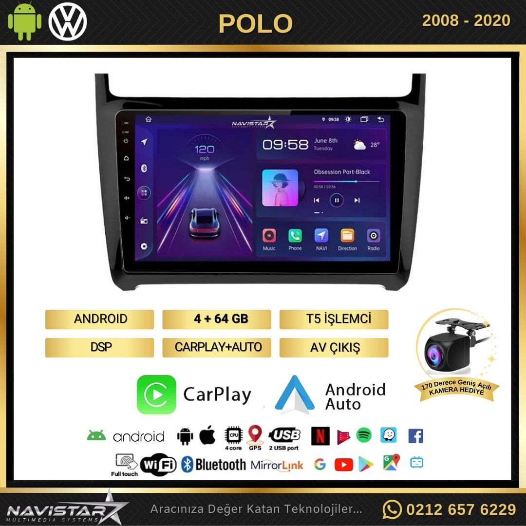 Volkswagen Polo 4GB + 64GB Android 13 Kablosuz Carplay 2008-2020 Navigasyon Multimedya Sistemi