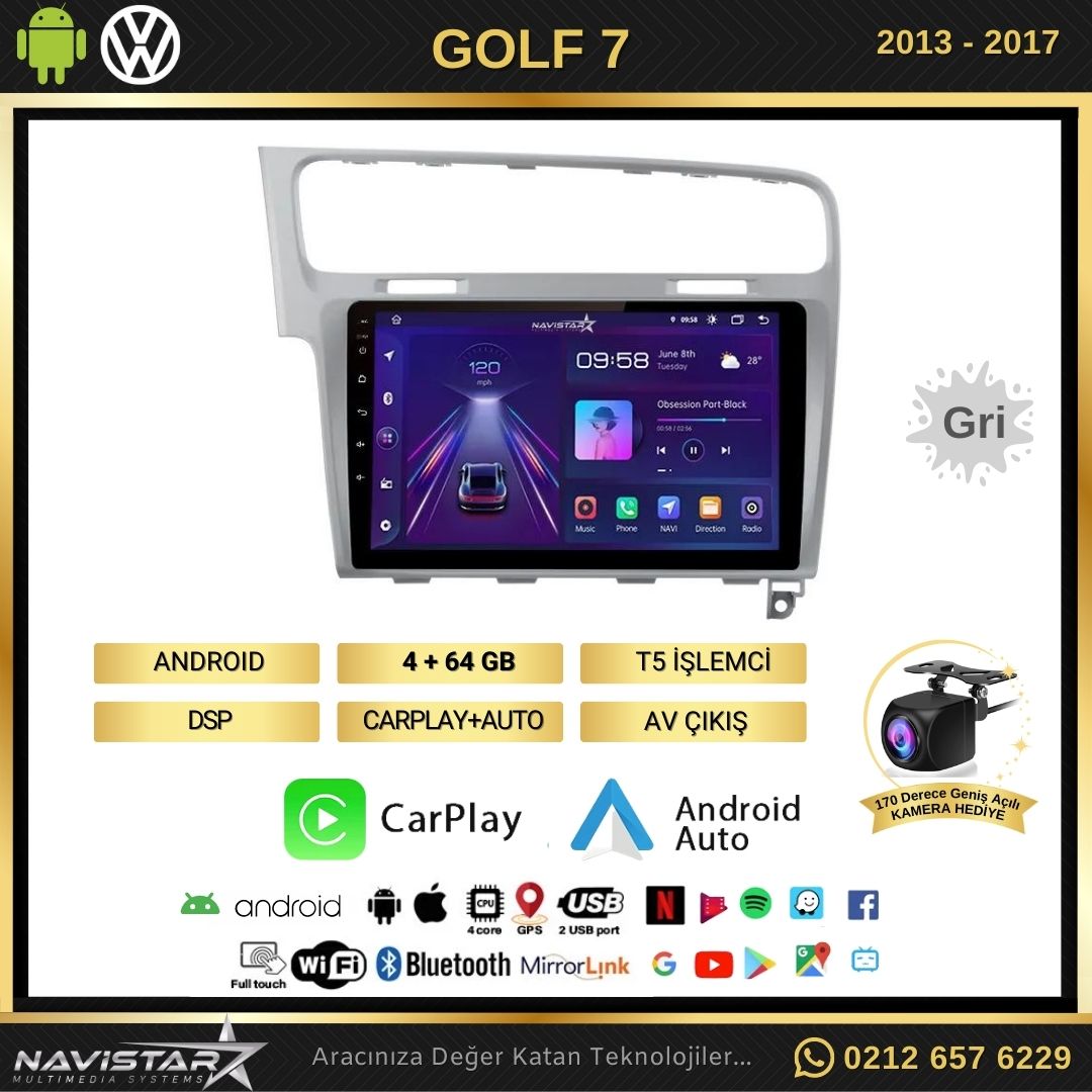 Vw Golf 7 Gri Çerçeve 4GB + 64GB Kablosuz Carplay Android 13 Navigasyon Multimedya Sistemi