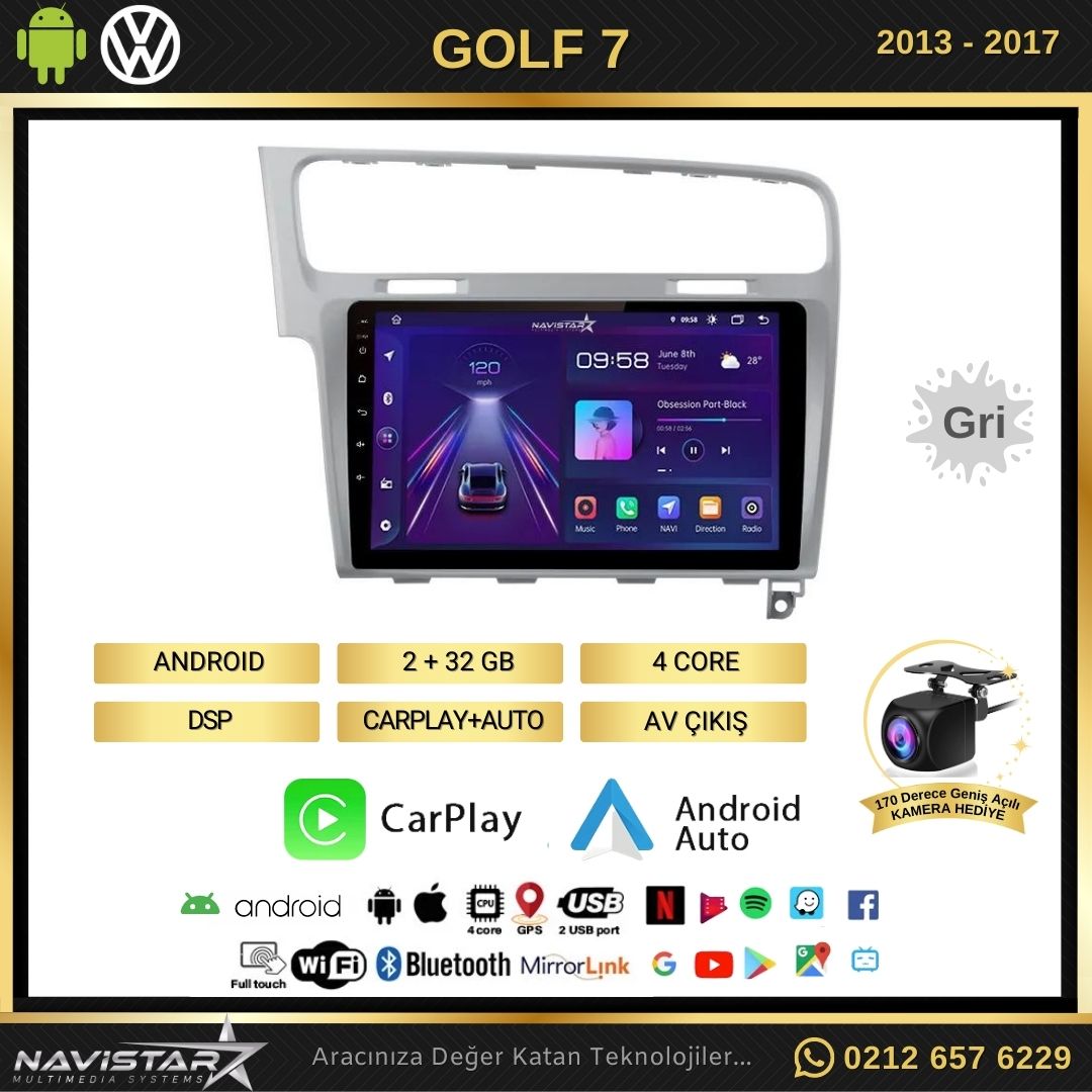 Vw Golf 7 Gri Çerçeve Kablosuz Carplay 2+32 GB Android 13 Navigasyon Multimedya Sistemi