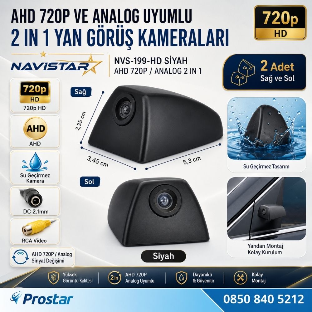 Yan Araç Kamerası AHD 720P ve Analog PAL Mini (Siyah) Özel Tasarım