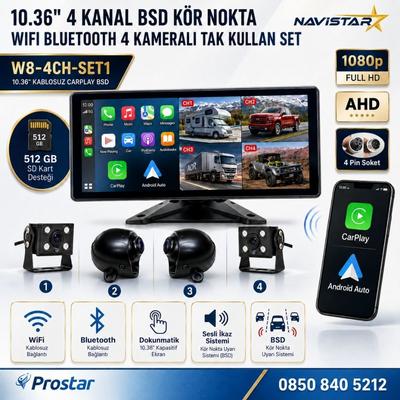 10.36 inç 4 Kameralı 1080P Kablosuz Carplay Wifi Bluetooth Fm Transmitter Tak Kullan Kamera Seti