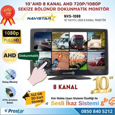 10 inç 8 Kanal Dokunmatik AHD 1080P/720P Kayıtlı Araç Monitörü 12-24V
