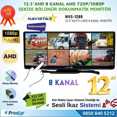 12.3 inç 8 Kanal Full HD AHD Geniş Ekran Dokunmatik Kayıtlı Araç Monitörü 12-24V