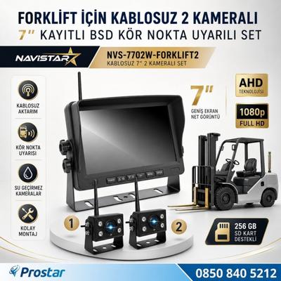 2 Kablosuz Kameralı Forklift Güvenlik Sistemi 7 inç AHD Ekran Kör Nokta Uyarılı 1080P Full HD Set