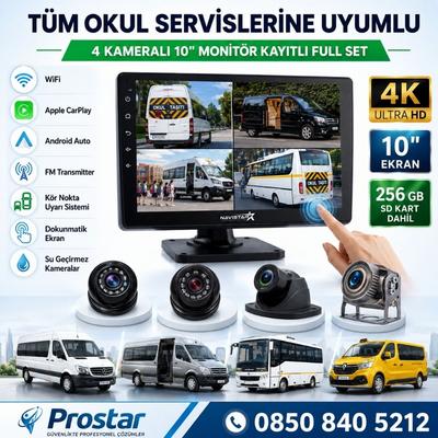 256 Gb Sd Dahil Kayıtlı 4 Kameralı 10 Inç Dokunmatik Ekranlı Servis Okul Kamera Seti