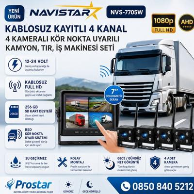 4 Kablosuz Kameralı 7 inç Kayıtlı Monitör Full HD BSD Kör Nokta Uyarı Sistemli Tak Kullan Kamera Seti