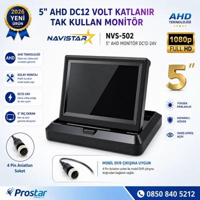 5 inç AHD Katlanabilir Araç Monitörü - 1080p, Mobil DVR Uyumlu 4-Pin, DC12-24V