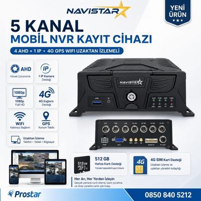 5 Kanal Mobil NVR Kayıt Cihazı 4 AHD + 1 IP Kamera 4G GPS WiFi 1080p Full HD Uzaktan İzleme Araç Güvenlik Sistemi