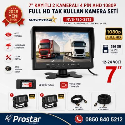 7 inç 2 Kameralı Kayıtlı 1080P Full HD Araç Güvenlik ve Geri Görüş Seti (12-24V)