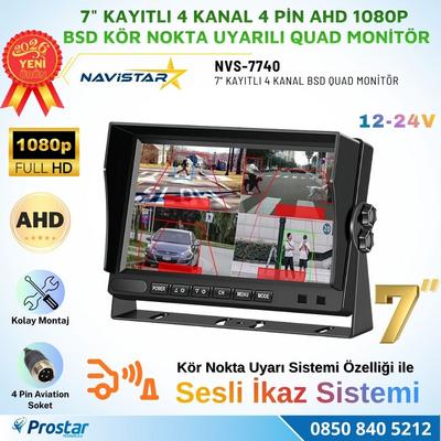 7 inç 4 Kanal Full HD BSD Kör Nokta Uyarılı AHD Quad Araç Monitörü Aktif Nesne Algılama + Sesli İkaz 12-24V