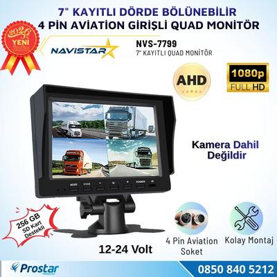 7 inç Dörde Bölünebilir Kayıtlı Quad Monitör 4 Pin Aviation Girişli AHD 1080P/720P/CVBS Analog Pal Ntsc 256GB SD Kart Destekli