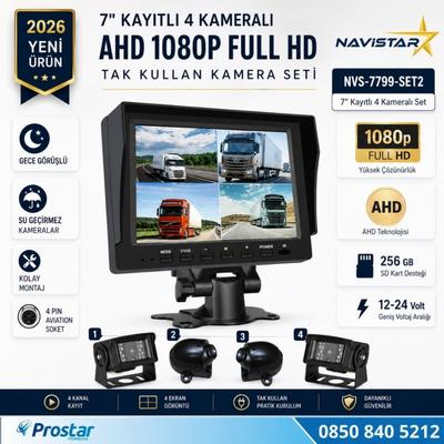 7 inç Kayıtlı AHD 1080P 4 Kameralı Full HD Araç Kamera Sistemi 256GB SD Kart Destekli Gece Görüşlü Tak Kullan Set