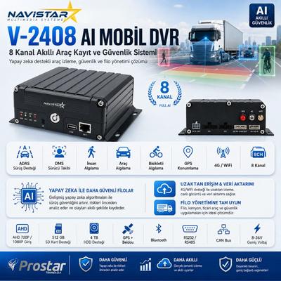 8 Kanal 4G/WIFI/GPS Profesyonel Mobil DVR - 1080P ADAS/DMS, HDD+SD Destekli