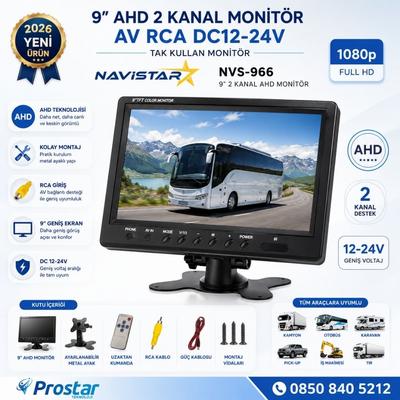 9 inç 2 kanal AHD RCA Sarı Soketli Araç Monitörü 1080P 720P Analog Destekli DC 12-24V