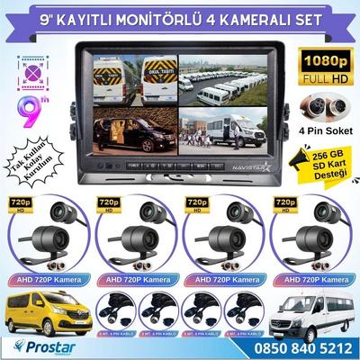 9 Inç Dörde Bölünür Kayıtlı 256Gb Sd Destekli 4 Kameralı 720P Ahd 4 Pin Soketli Tak Kullan Kamera Seti