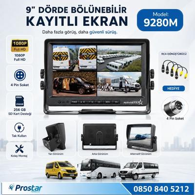9 inç Kayıtlı Dörde Bölünür Monitör 256Gb Sd Destekli 4 Kamera Takılabilir 4 Pin Soketli